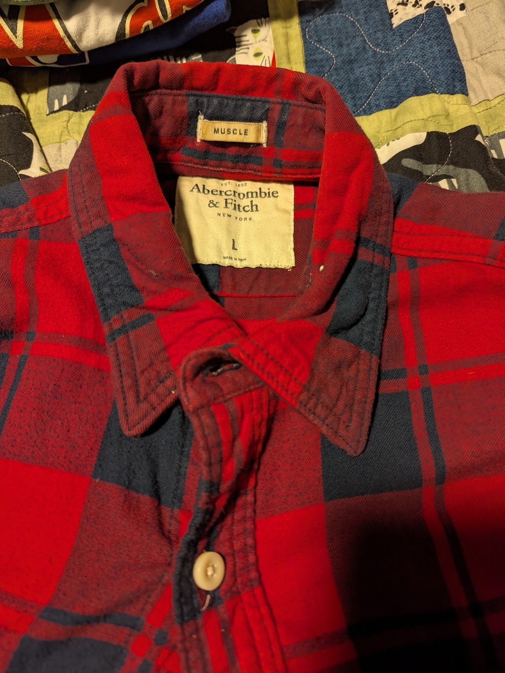 Abercrombie & Fitch Men's Red and Navy Plaid Flannel Shirt - L